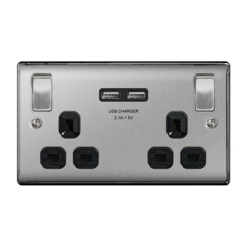 BG 13a 2 Gang Switch Socket & USB – Brushed Steel With Black Inserts