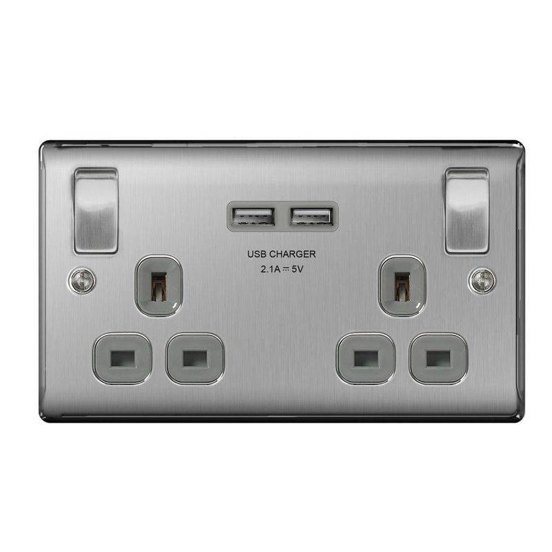 BG 13a 2 Gang Switch Socket & USB – Brushed Steel With Grey Inserts