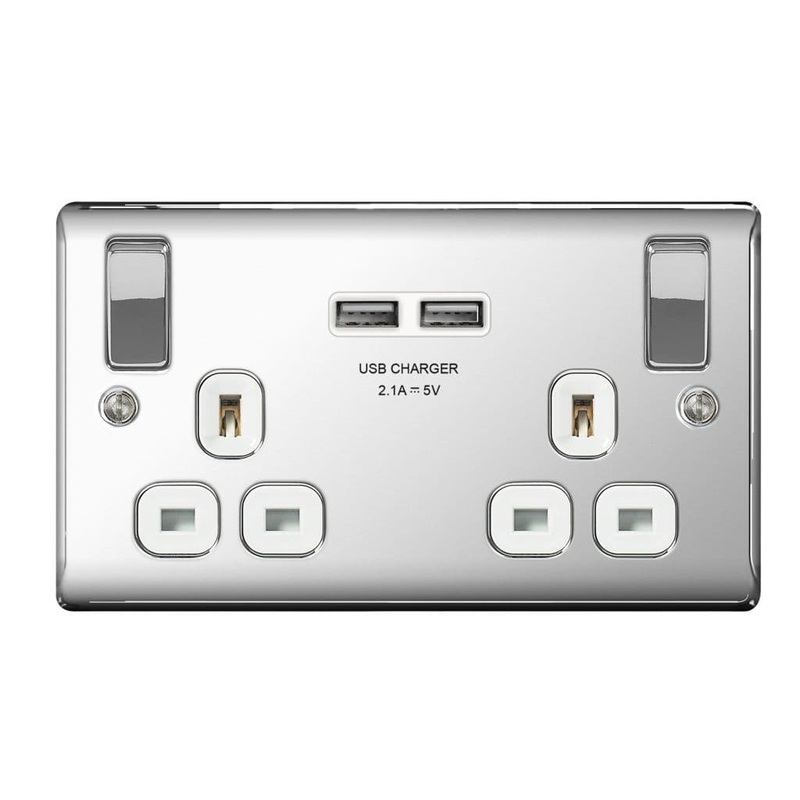 BG 13a 2 Gang Switch Socket & USB – Polished Chrome With White Inserts