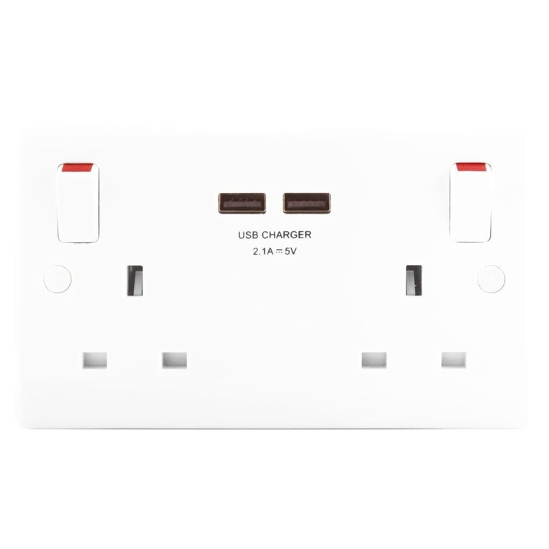 BG 2 Gang 13a Switched Socket With Outboard Rockers + 2 x USB (2.1A) – White