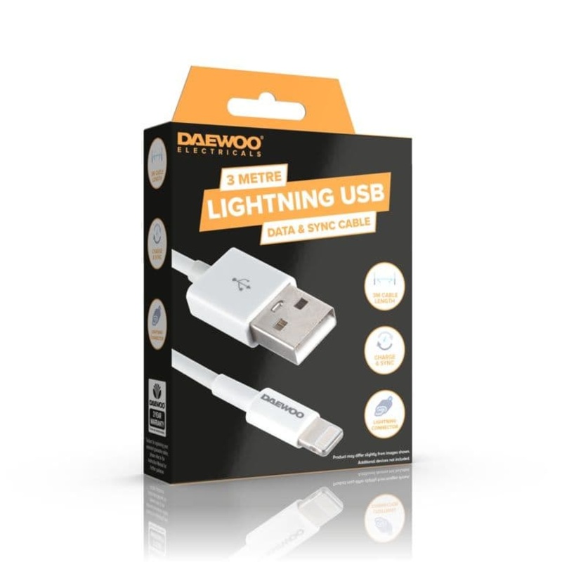 Daewoo 3m USB-A To 8 Pin Lightning Cable – 2a