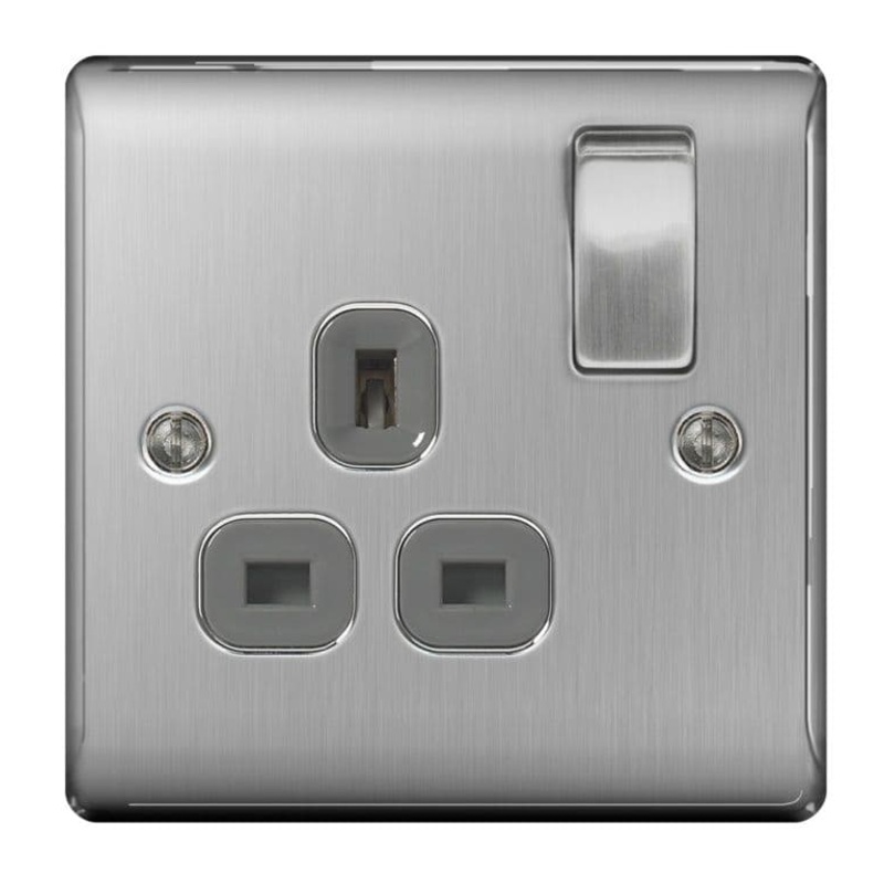 NEXUS Brushed Steel Switched Socket 13a Black Inset – 1 Gang