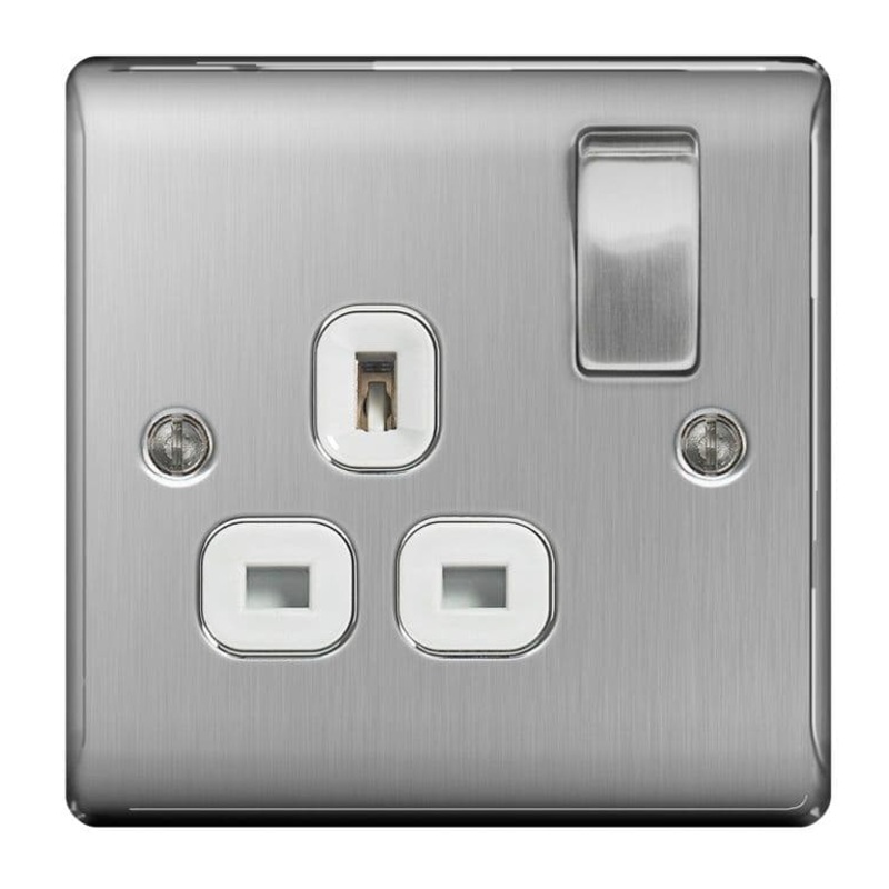 NEXUS Brushed Steel Switched Socket 13a White Inset – 1 Gang