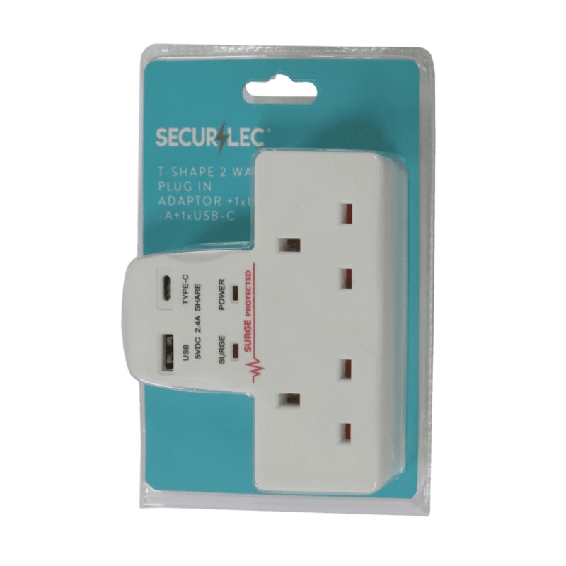 Securlec T-Shape 2 Way Plug-In Adaptor 1 x USB-A, 1 x USB-C – 2100ma