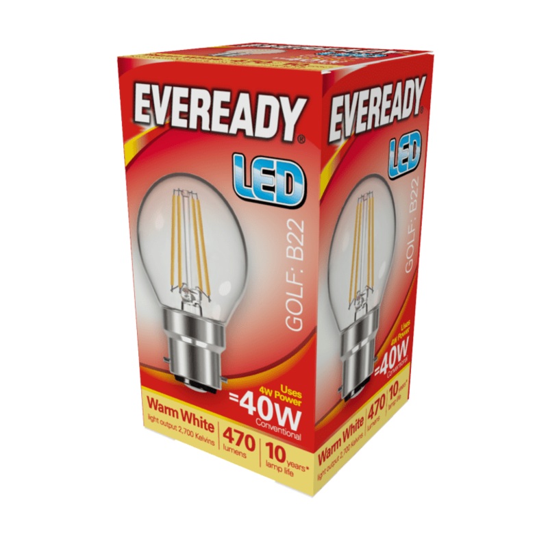 Eveready LED Filament Golf 470LM B22 BC – 4W 27000K