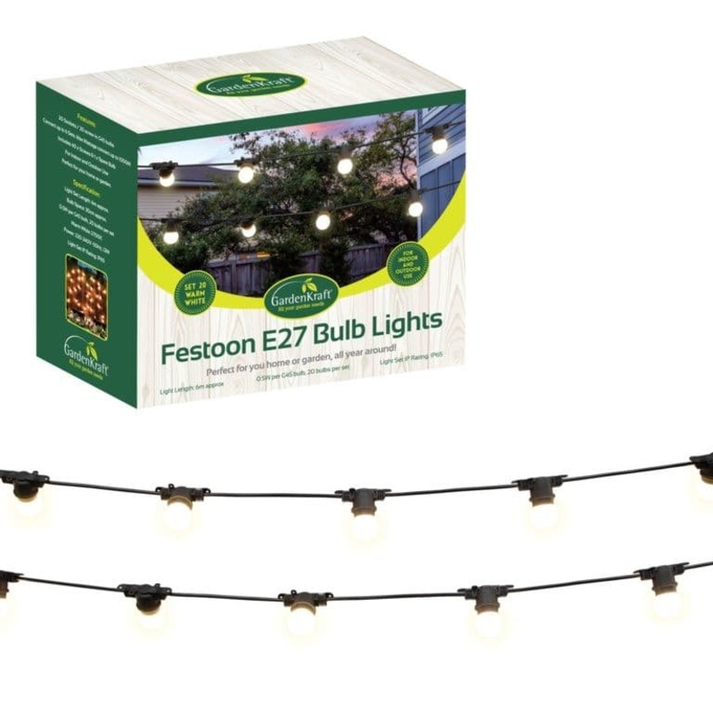 GardenKraft 6m E27 20 Bulb Festoon Lights – Warm White