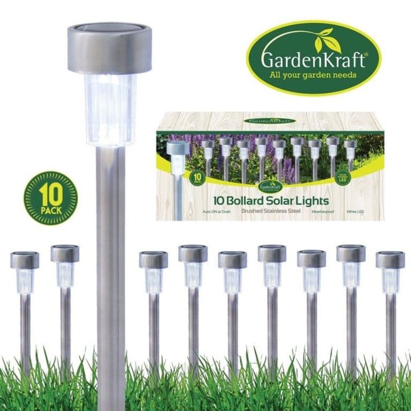 GardenKraft Stainless Steel Bollard Solar Lights – White Pack 10