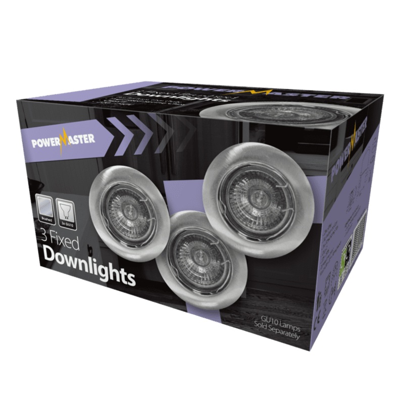 Powermaster 3 Pack Fixed GU10 Downlights – Brushed Chrome
