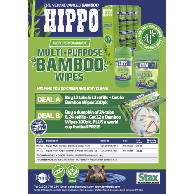 Hippo Multi Purpose Bamboo Wipes Deal A – Display